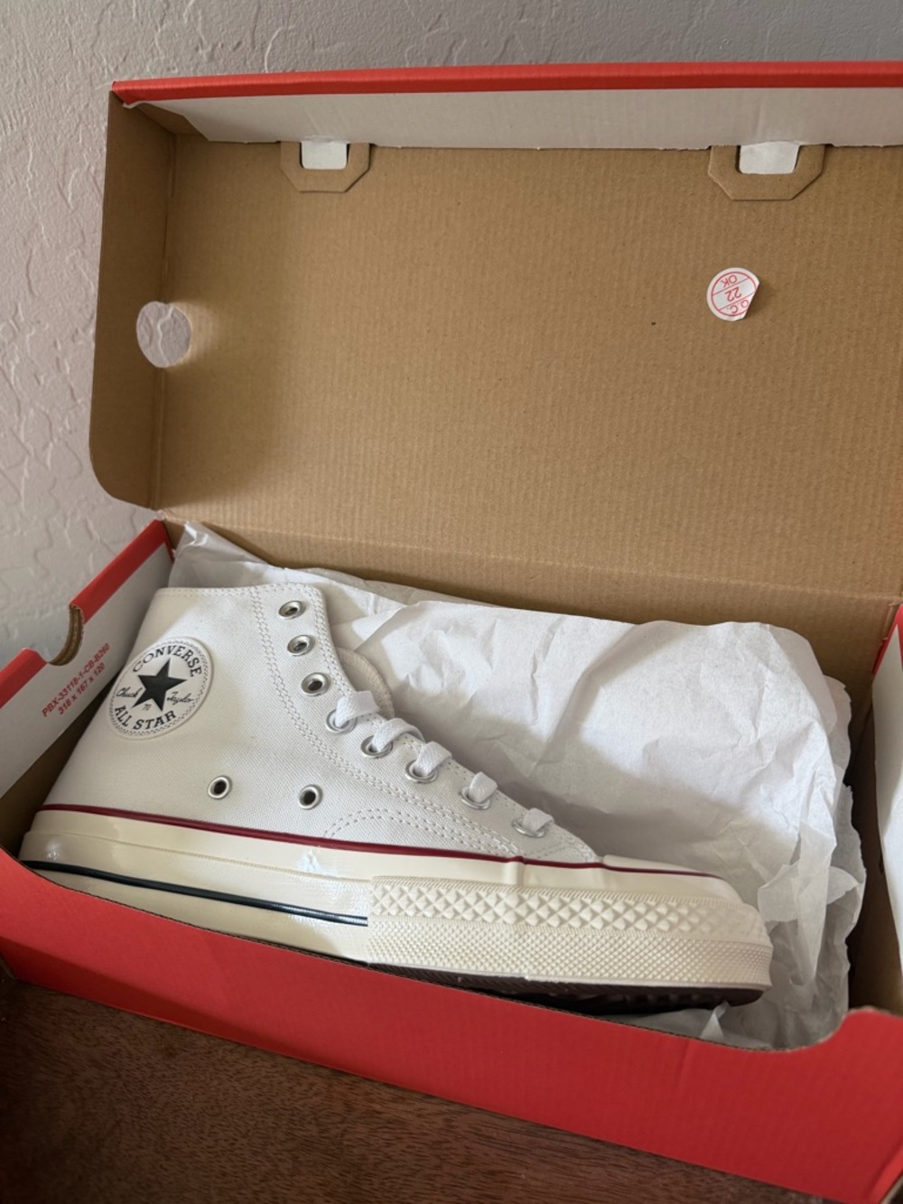 Converse White High Top Sneakers with Red & Navy Stripes